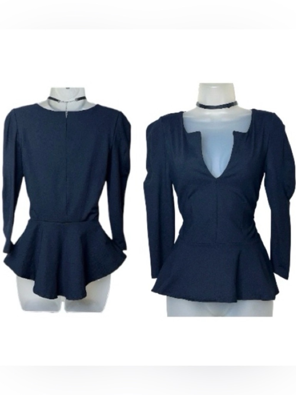 Y2K Bebe Split Neck Puff Sleeve High Low Ruffle Peplum Flounce Top Black XS
